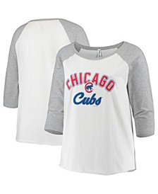 Women's White and Heathered Gray Chicago Cubs Plus Size Baseball Raglan 3/4-Sleeve T-shirt