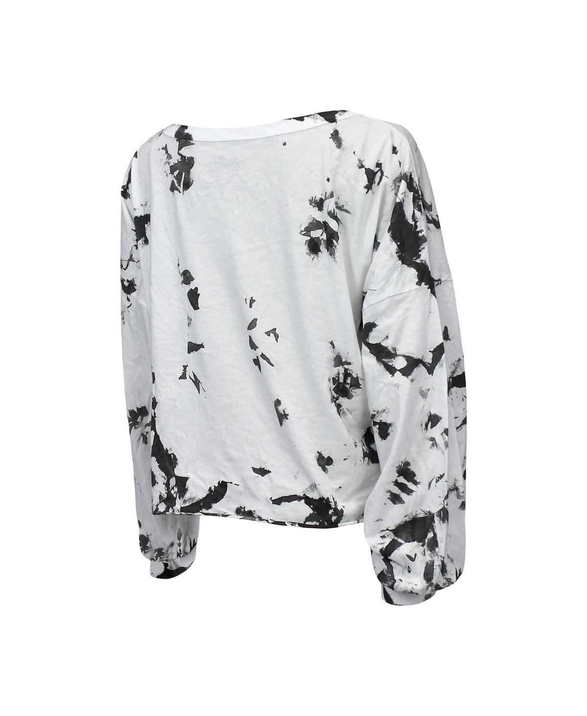 Shop Majestic Women's  Threads White And Black Brooklyn Nets Aquarius Tie-dye Cropped V-neck Long Sleeve T In White,black