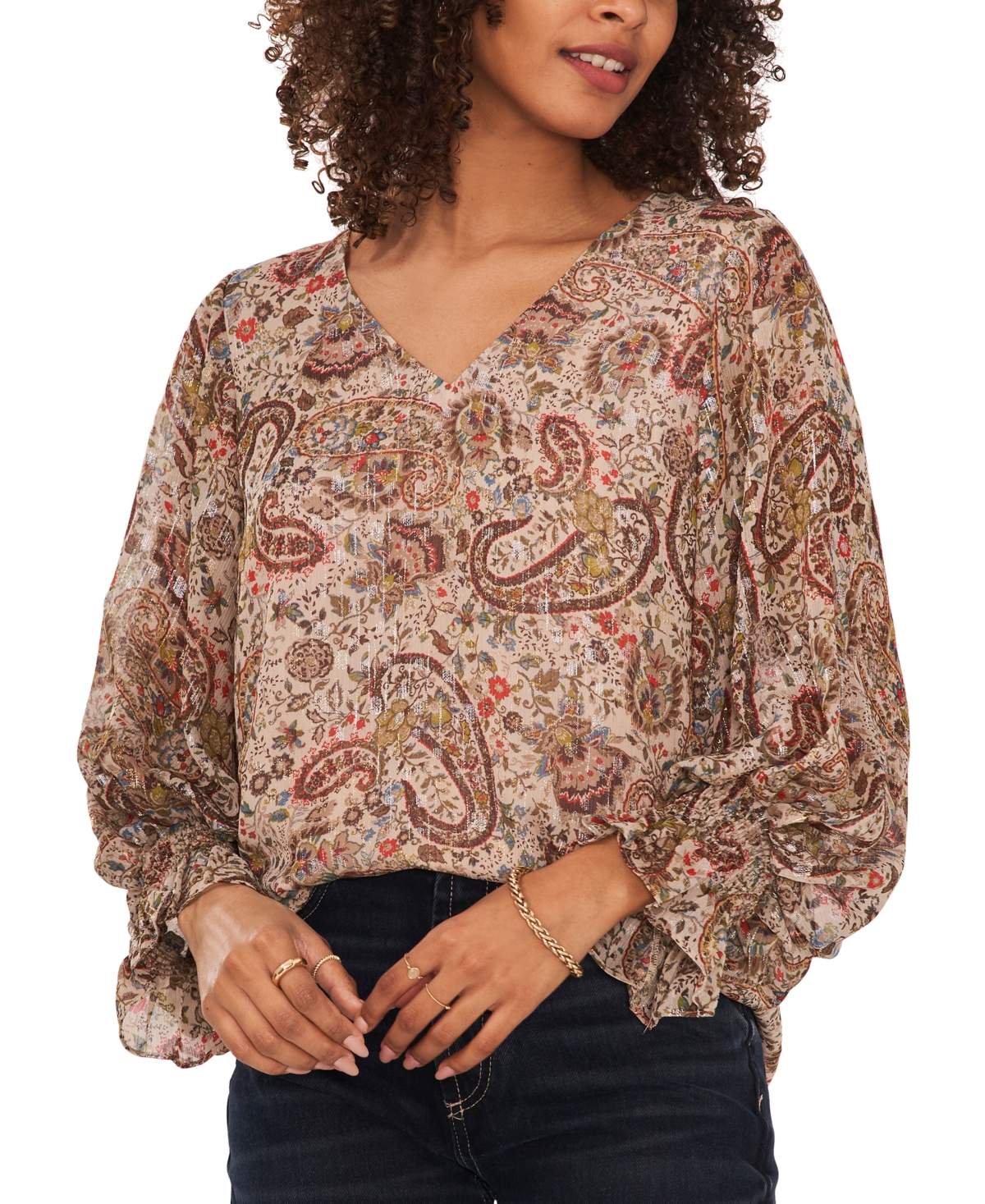 Vince Camuto Women's V-Neck Blouson-Sleeve Blouse