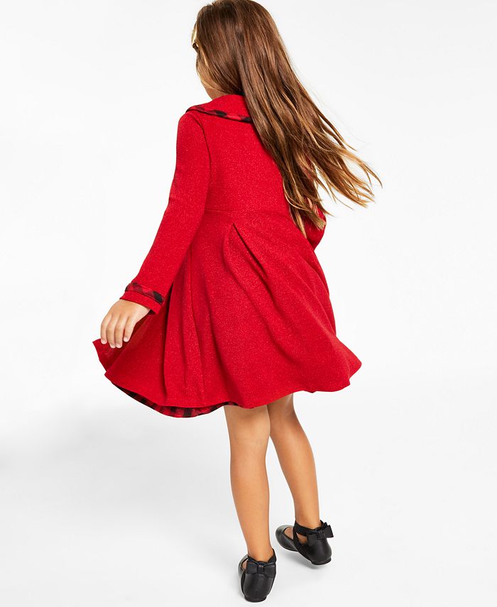 Rare Editions Little Girls Knit Coat with Buffalo Check Dress Set