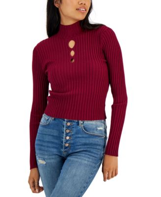 Sugar Moon - Juniors' Long Sleeve Mock Neck Cut-Out Top