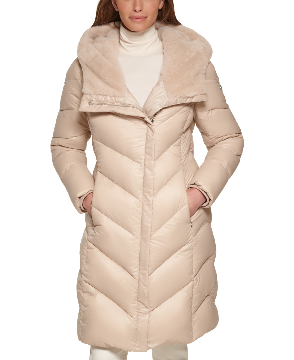 Shop Calvin Klein Women's Faux-fur-lined Hooded Down Puffer Coat In Smokey Taupe