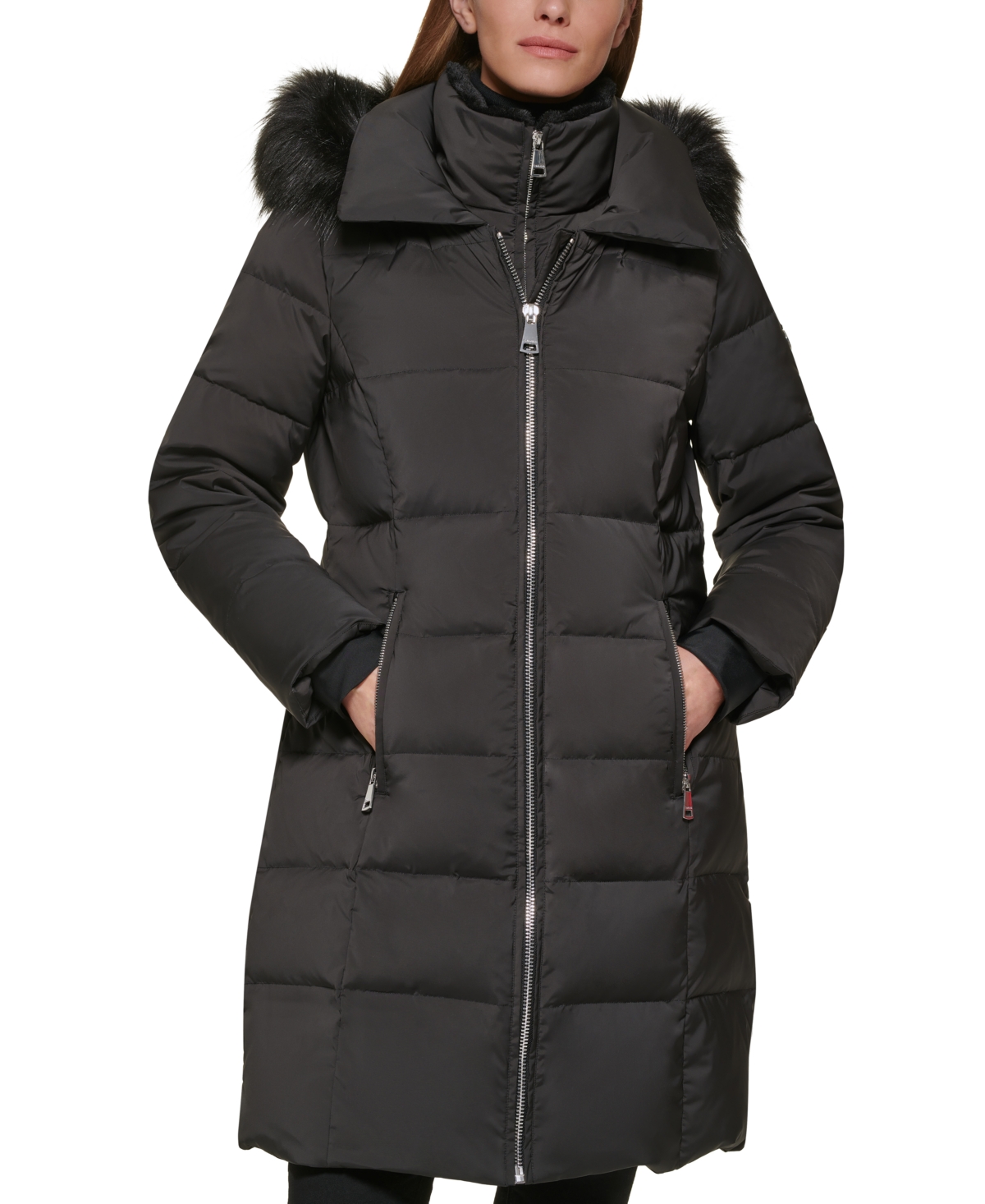 Calvin Klein Women's Faux-fur-trim Hooded Down Puffer Coat In Black