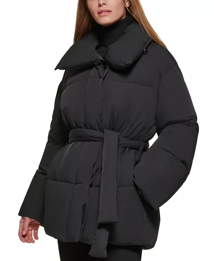 Shiny black belted puffer coat in plus size