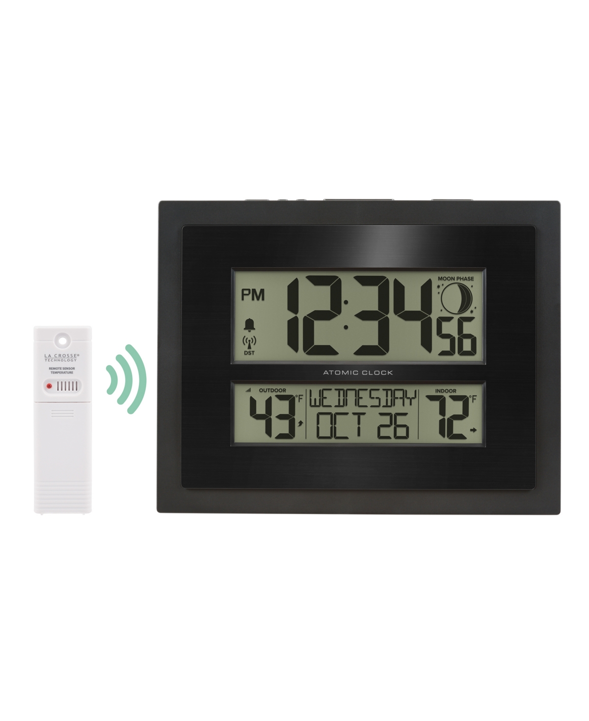 La Crosse Technology 513-75624-int Digital Atomic Clock With Outdoor Temperature With Moon Phase In Black