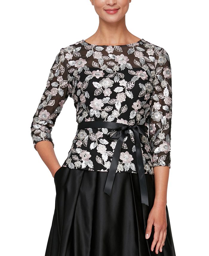 Alex Evenings Women's Embellished Floral Spaghetti Strap Scoop Neck Evening Top Black Size Petite Medium