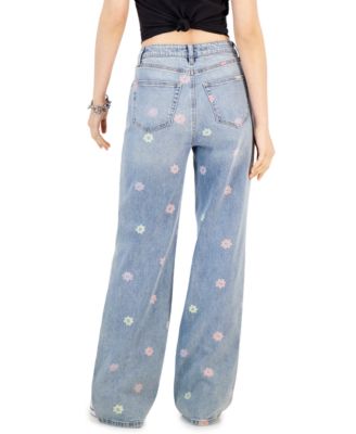 Tinseltown Juniors' Floral-Peace-Print Wide-Leg Jeans - Macy's