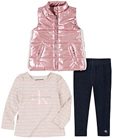 Baby Girls High-Shine Vest, Striped T-shirt and Leggings, 3 Piece Set