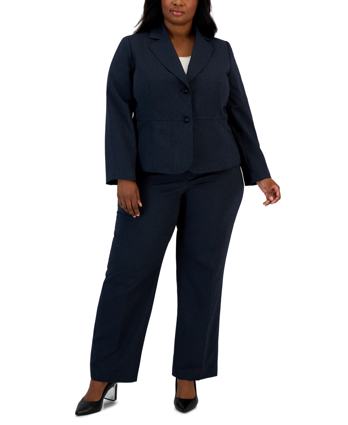 Le Suit Plus Size Two-Button Pinstriped Pantsuit