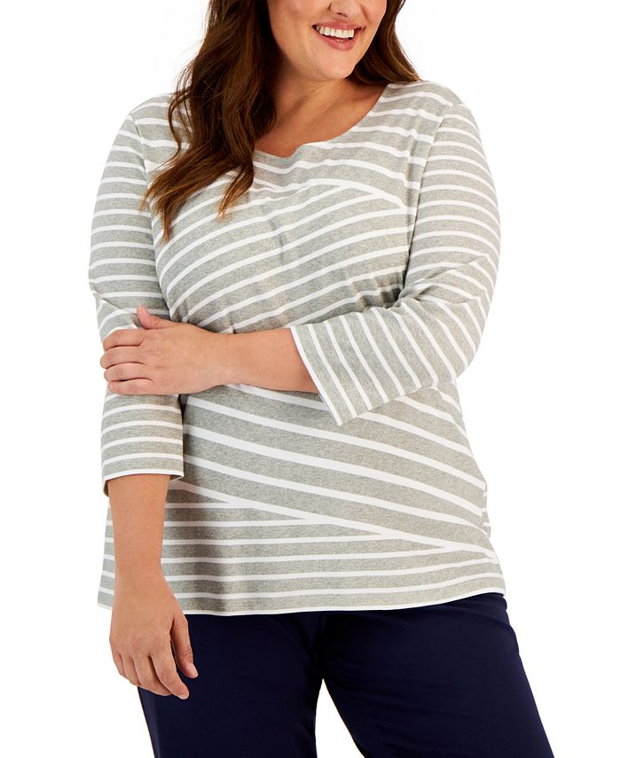 Karen Scott Plus Size 3/4-Sleeve Striped Top, Created for Macy's - Macy's