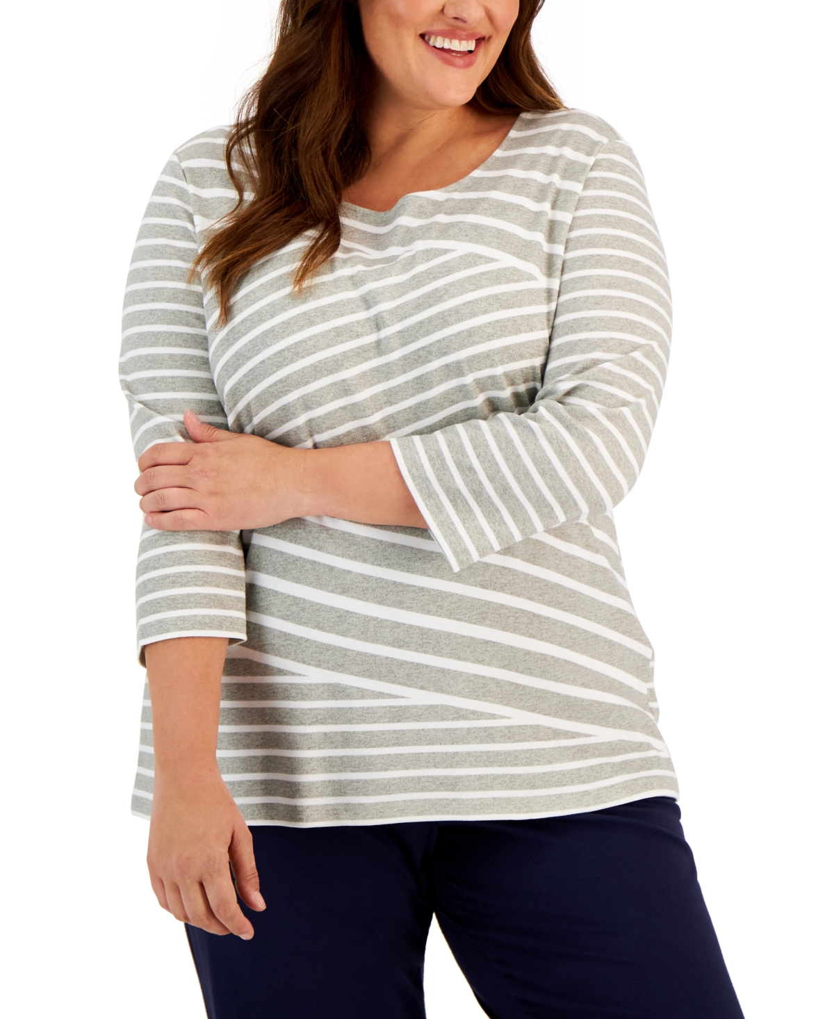 Plus Size 3/4-Sleeve Striped Top, Created for Macy's - Smoke Grey Heather