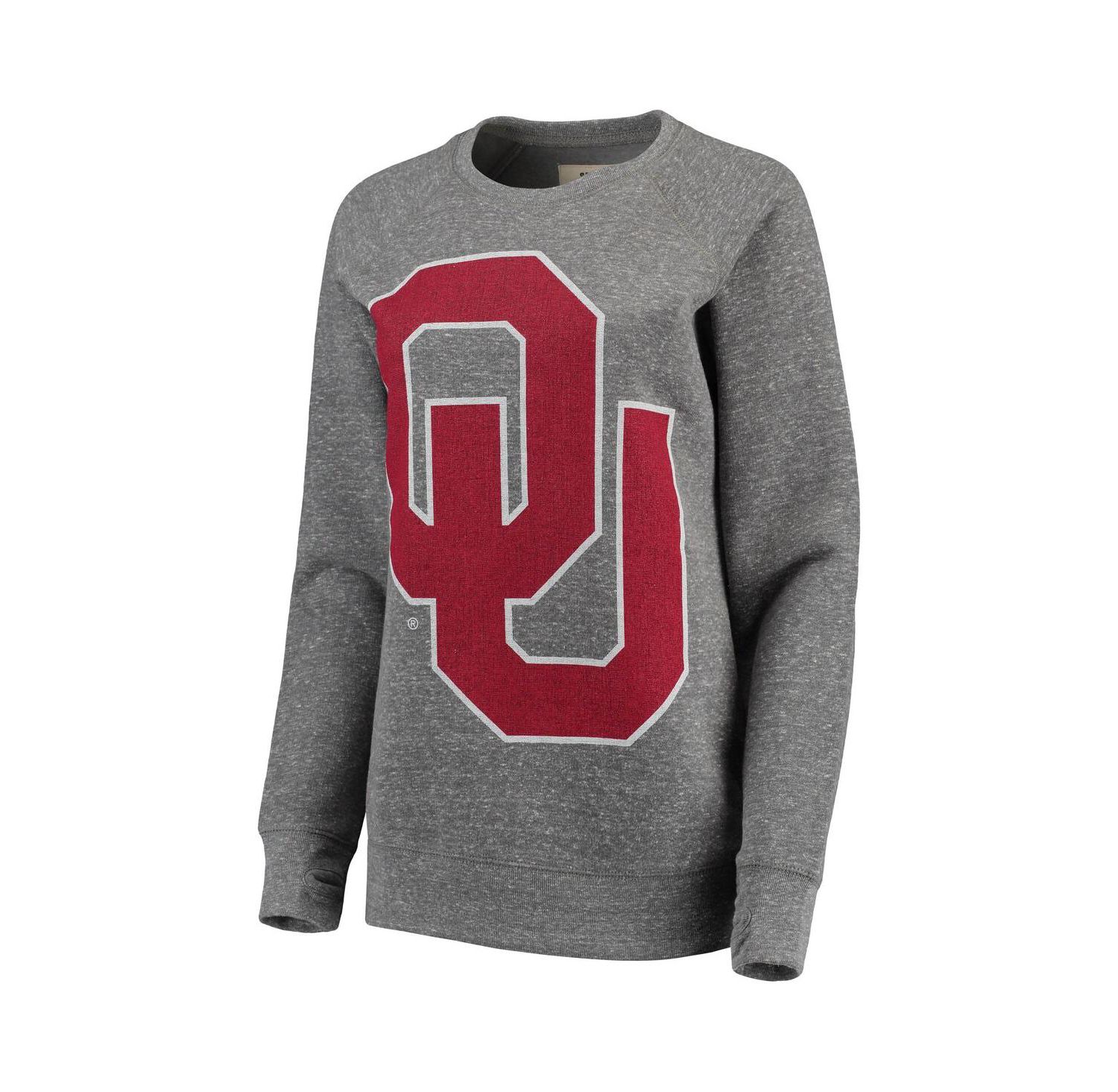 Women's Heathered Gray Oklahoma Sooners Big Team Logo Knobi Fleece Tri-Blend Crew Neck Sweatshirt