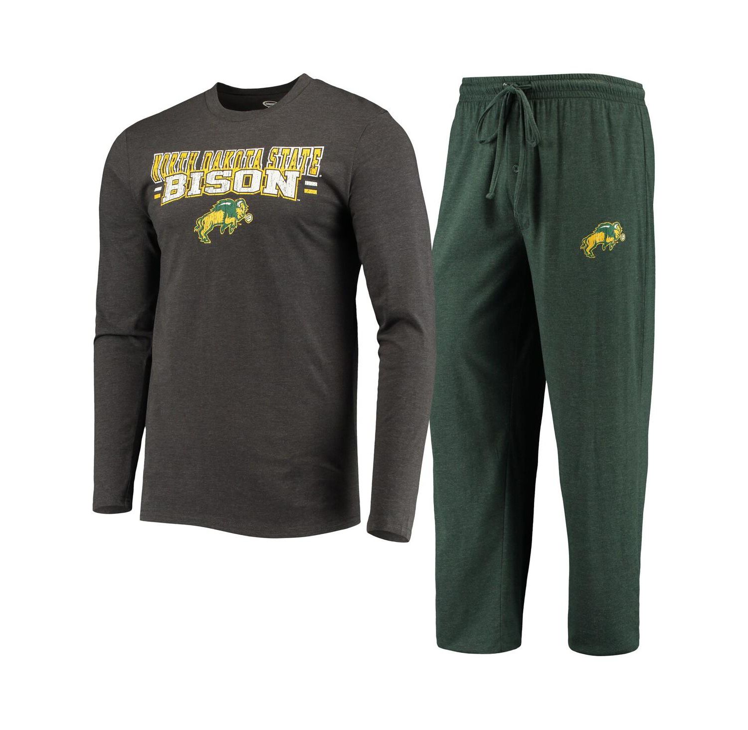 Men's Green and Heathered Charcoal NDSU Bison Meter Long Sleeve T-shirt and Pants Sleep Set