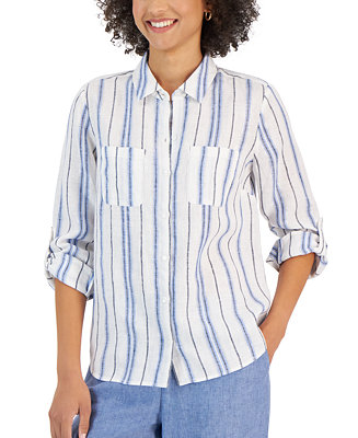Charter Club Women's Linen Metallic-Stripe Shirt, Created for Macy's ...
