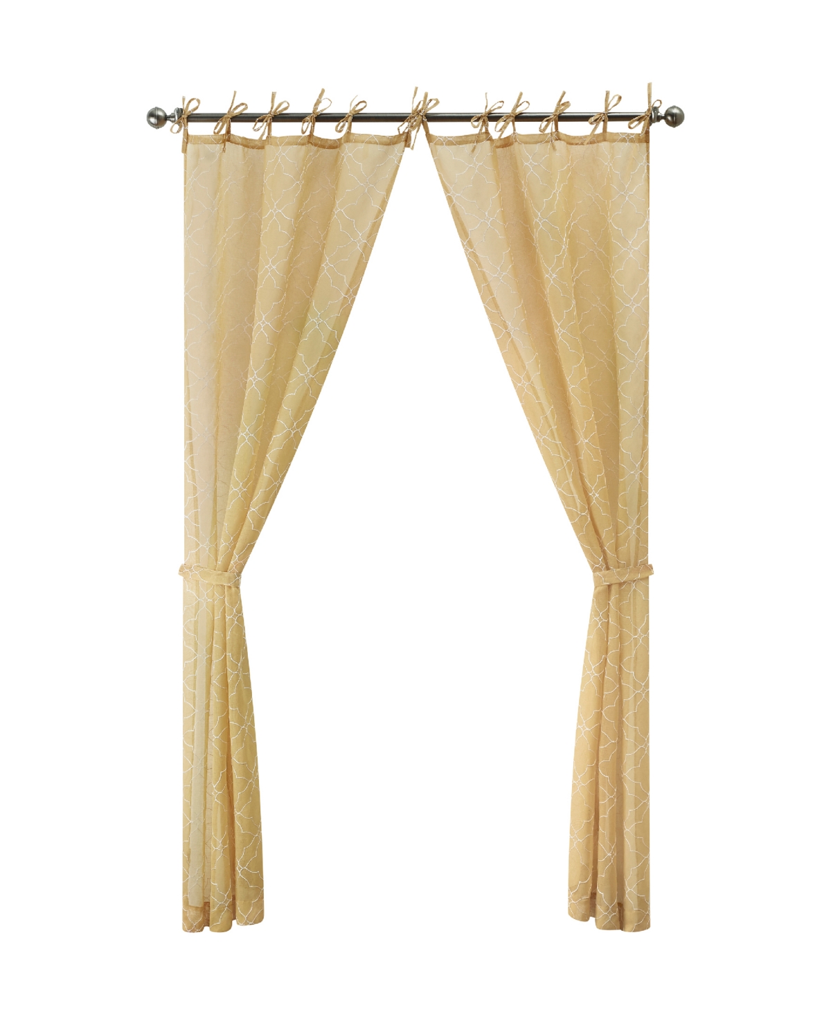 Jessica Simpson Nora Embroidery Sheer Tie Top Window Curtain Panel Pair With Tiebacks, 38" X 84" In Gold-tone