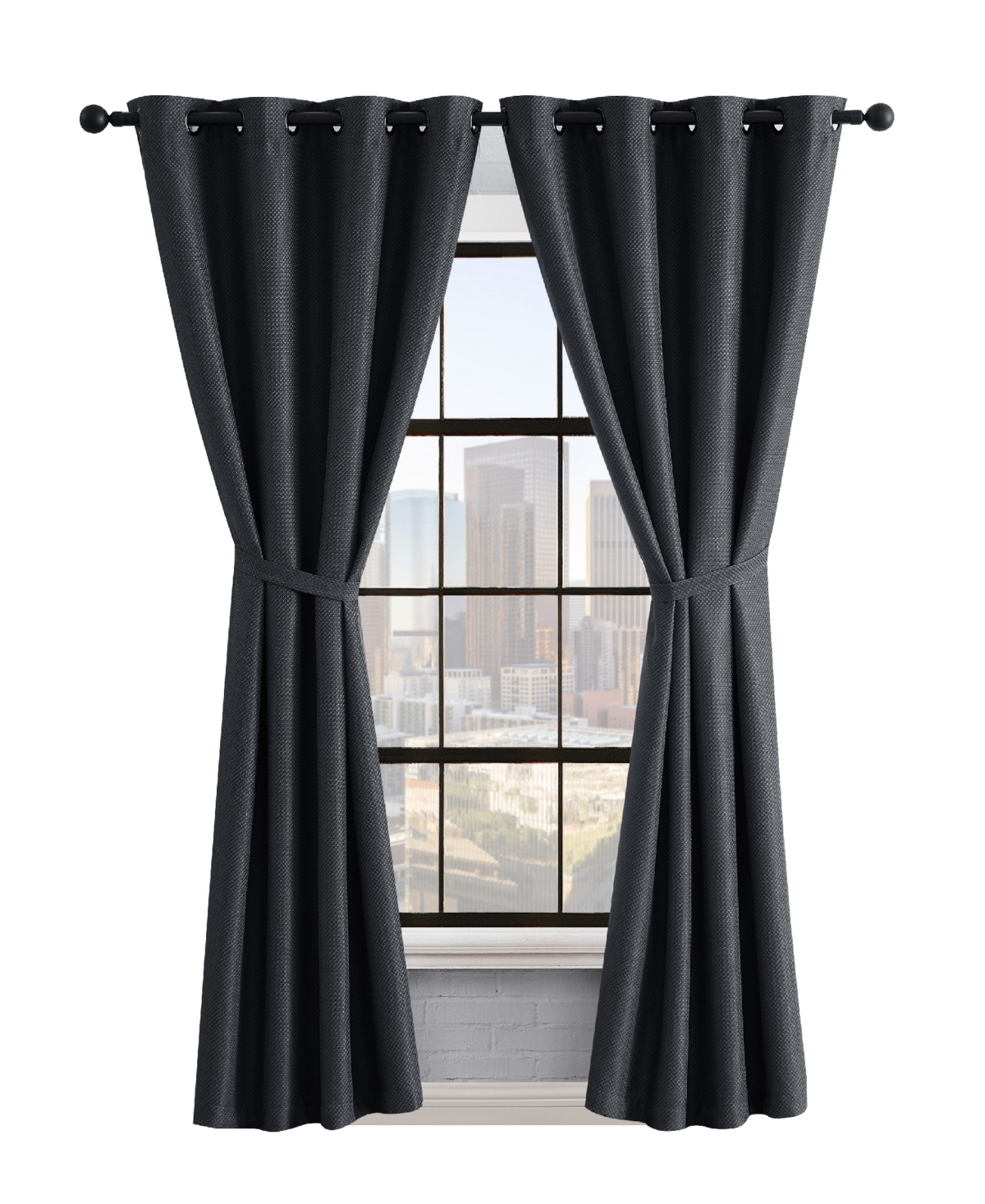 Lucky Brand Ember Thermal Woven Room Darkening Grommet Window Curtain Panel Pair With Tiebacks, 50" X 84" In Charcoal