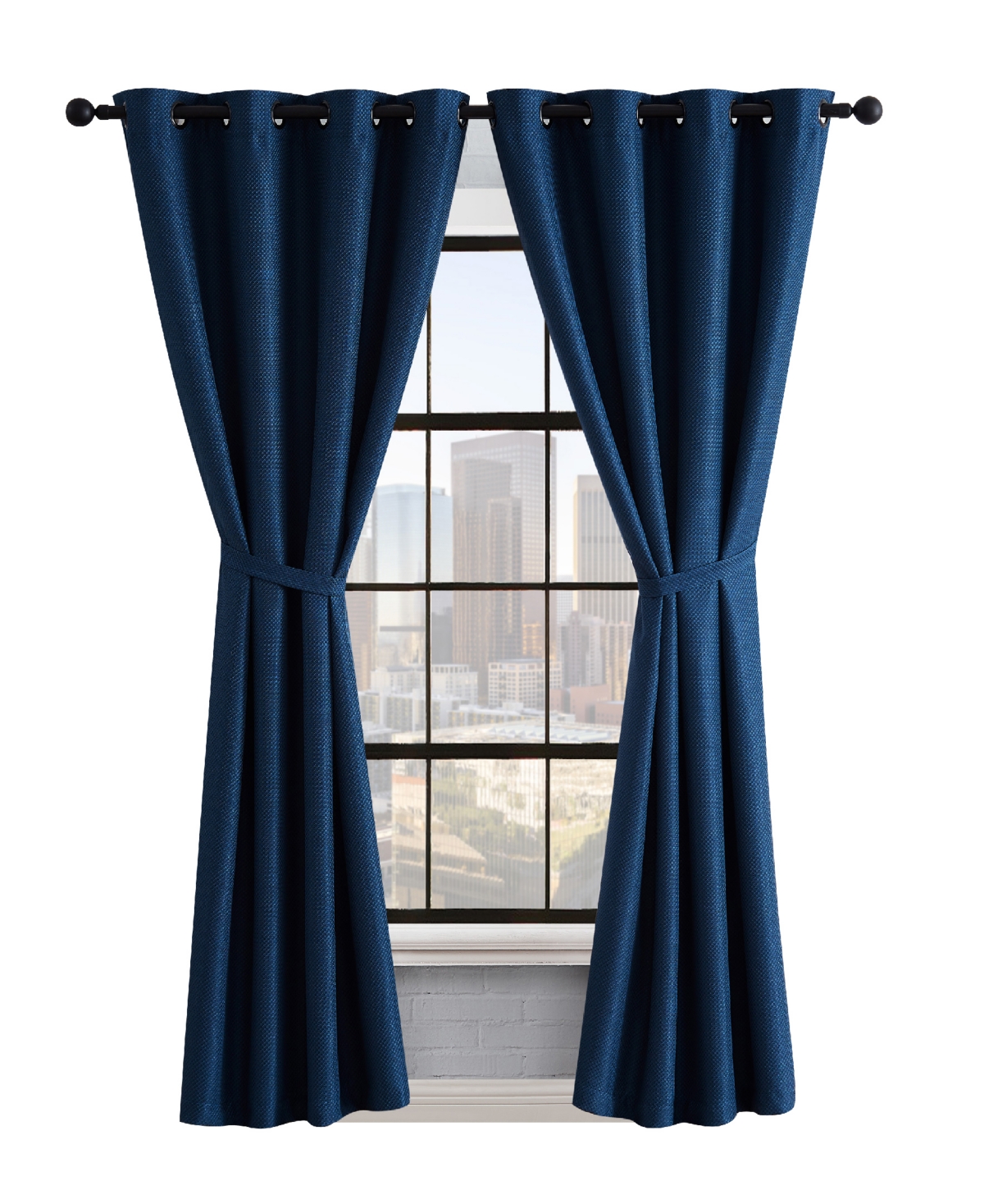 Lucky Brand Ember Thermal Woven Room Darkening Grommet Window Curtain Panel Pair With Tiebacks, 50" X 96" In Indigo