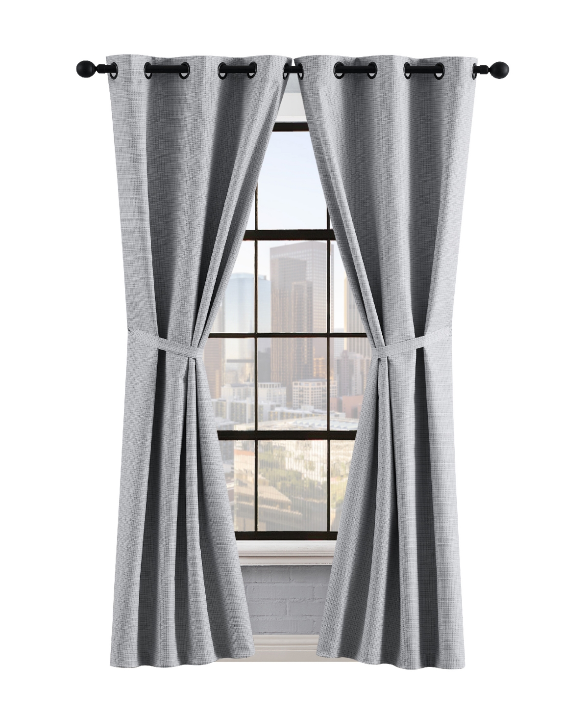 Lucky Brand Finley Textured Blackout Grommet Window Curtain Panel Pair With Tiebacks, 38" X 96" In Light Gray