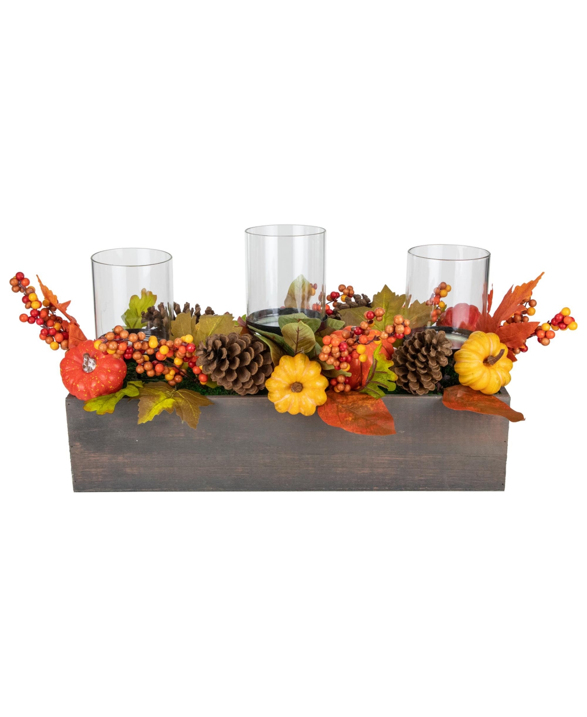 Pumpkin Berry and Pine Cone Fall Harvest Triple Pillar Candle Holder, 27" - Orange
