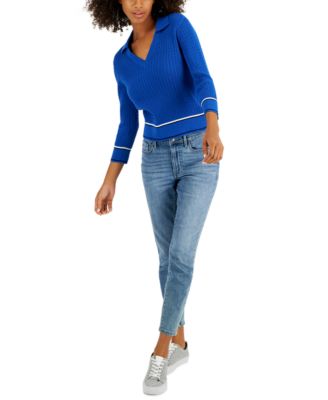 Women's Cotton Johnny-Collar Cable-Knit Sweater