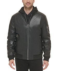 Men's Faux-Leather Bomber Jacket with Rib-Knit Trim