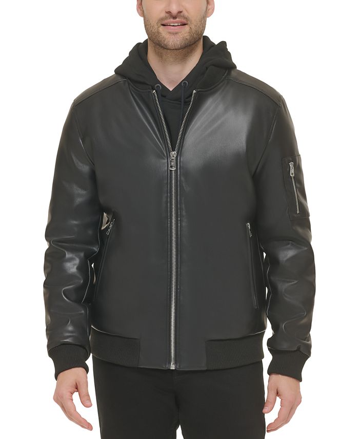 Calvin Klein Men's Faux-Leather Bomber Jacket with Rib-Knit Trim Reviews - Coats & Jackets - Men - Macy's