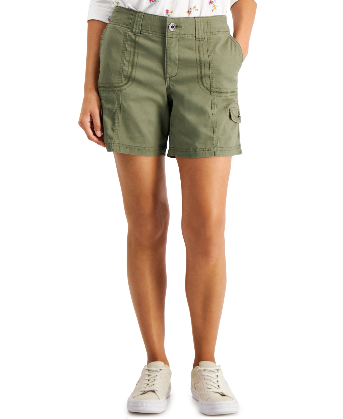 Style & Co Petite Mid Rise Zig Zag Stitch Cargo Shorts, Created For Macy's In Olive Sprig
