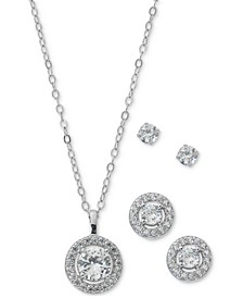 3-Pc. Set Cubic Zirconia Halo Pendant Necklace, Halo Stud Earrings & Solitaire Stud Earrings in Sterling Silver, Created for Macy's