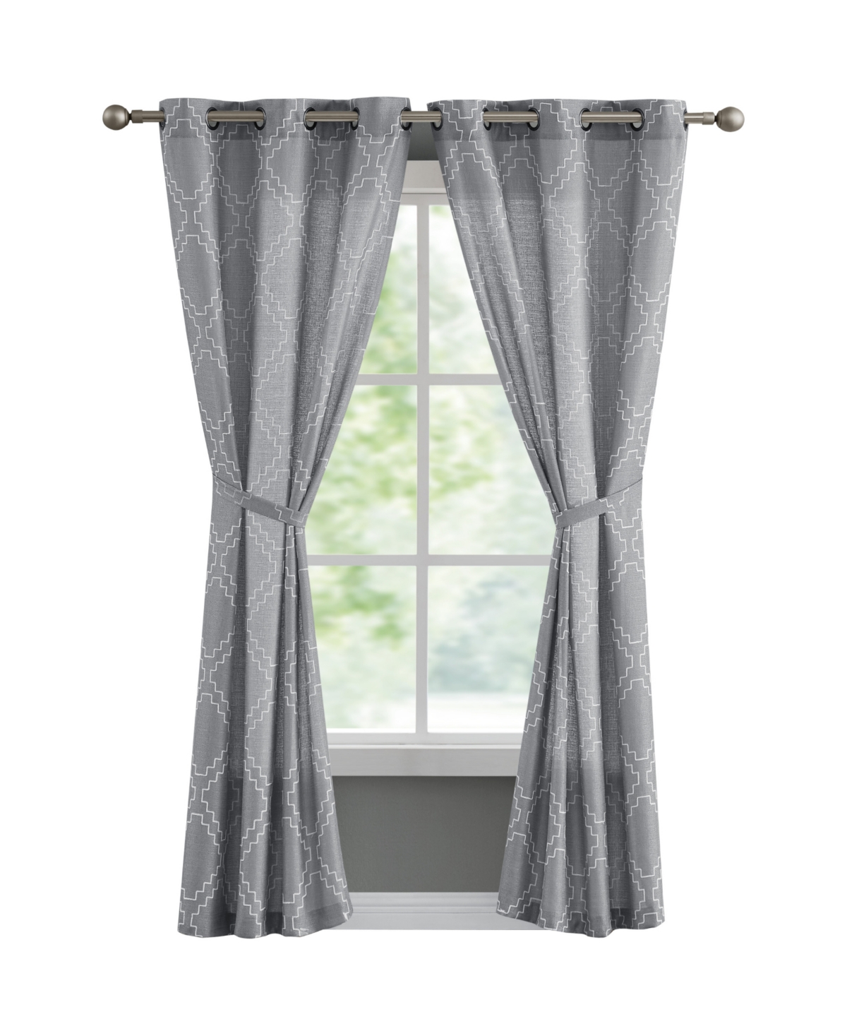 French Connection Somerset Embroidered Light Filtering Grommet Window Curtain Panel Pair With Tiebacks, 38" X 84" In Gray