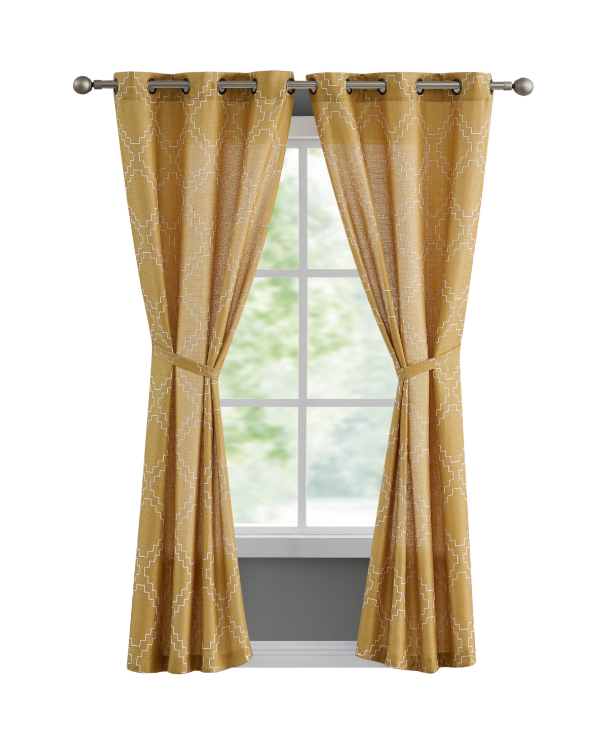 French Connection Somerset Embroidered Light Filtering Grommet Window Curtain Panel Pair With Tiebacks, 38" X 84" In Gold-tone