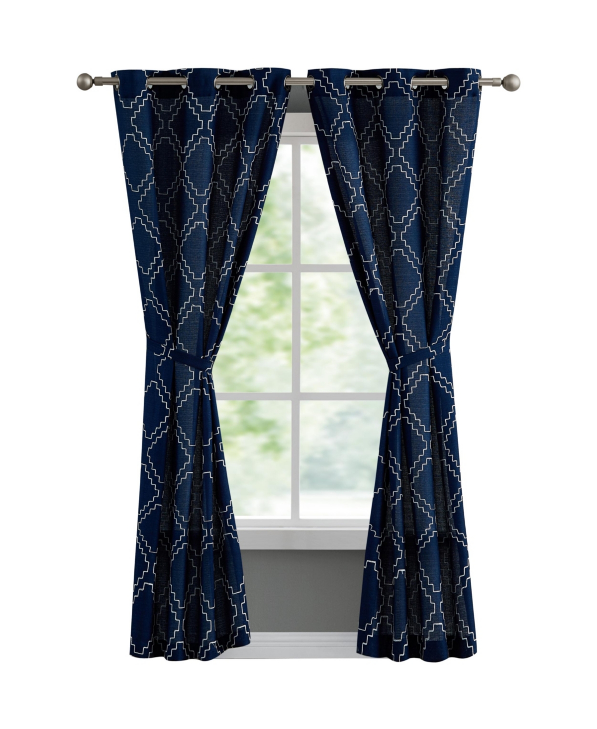 French Connection Somerset Embroidered Light Filtering Grommet Window Curtain Panel Pair With Tiebacks, 38" X 96" In Indigo