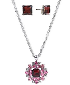 Silver-Tone Mixed Stone Flower Pendant Necklace & Square Stud Earrings Set, Created for Macy's 