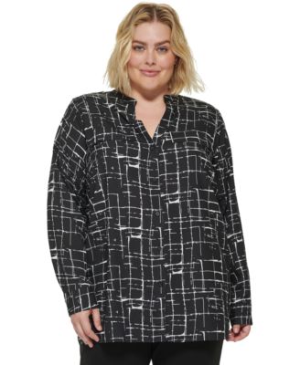 Calvin Klein - Plus Size Printed Split-Neck Button-Front Shirt