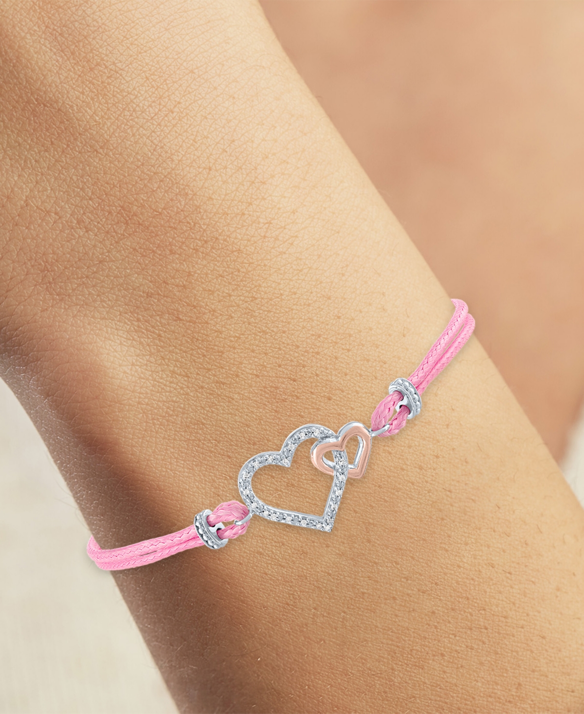 Diamond Accent Double Heart Pink Cord Bracelet in Sterling Silver & 14k Rose Gold-Plate