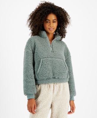 Hippie Rose Juniors' Sherpa Quarter-Zip Long-Sleeve Top - Misty Jade - Size XL