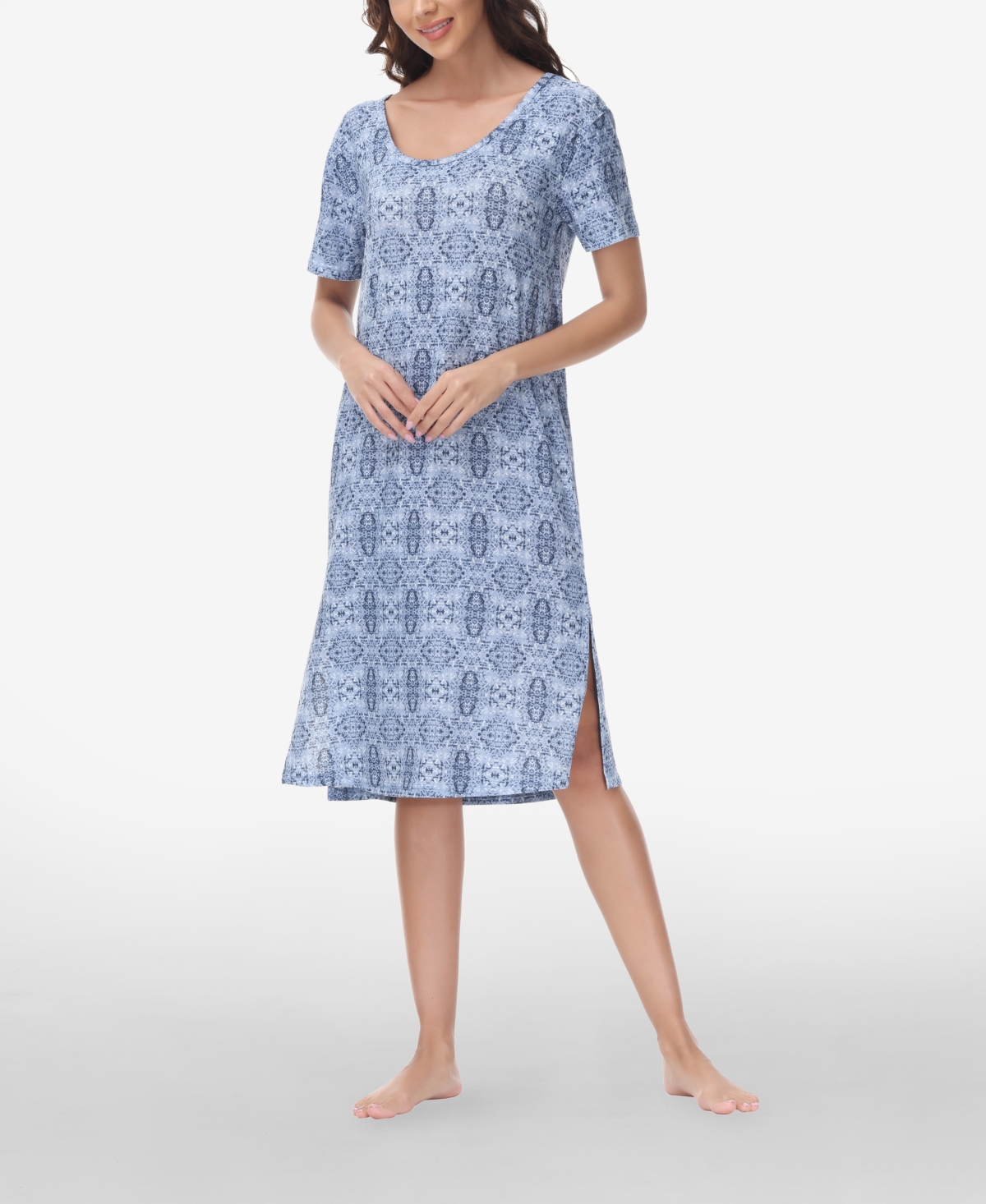 Ink+Ivy Women's Printed Short Sleeve Side Slit Sleep Dress High Point Shoulder