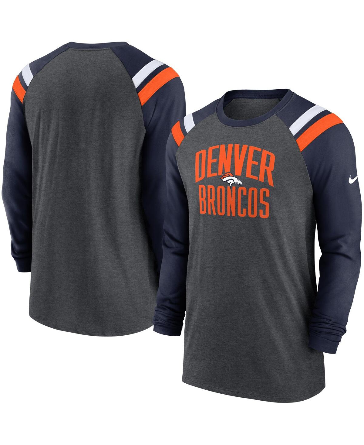 Men's Nikeand Navy Denver Broncos Tri-Blend Raglan Athletic Long Sleeve Fashion T-shirt - Heathered Charcoal, Navy