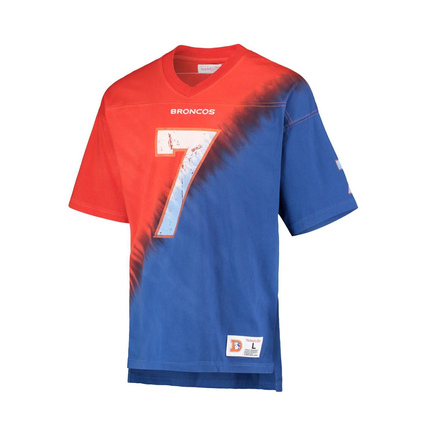 Мужская футболка Mitchell & Ness John Elway Orange, Royal Denver Broncos Retired Player Name and Number Diagonal Tie-Dye V-Neck — фото 3