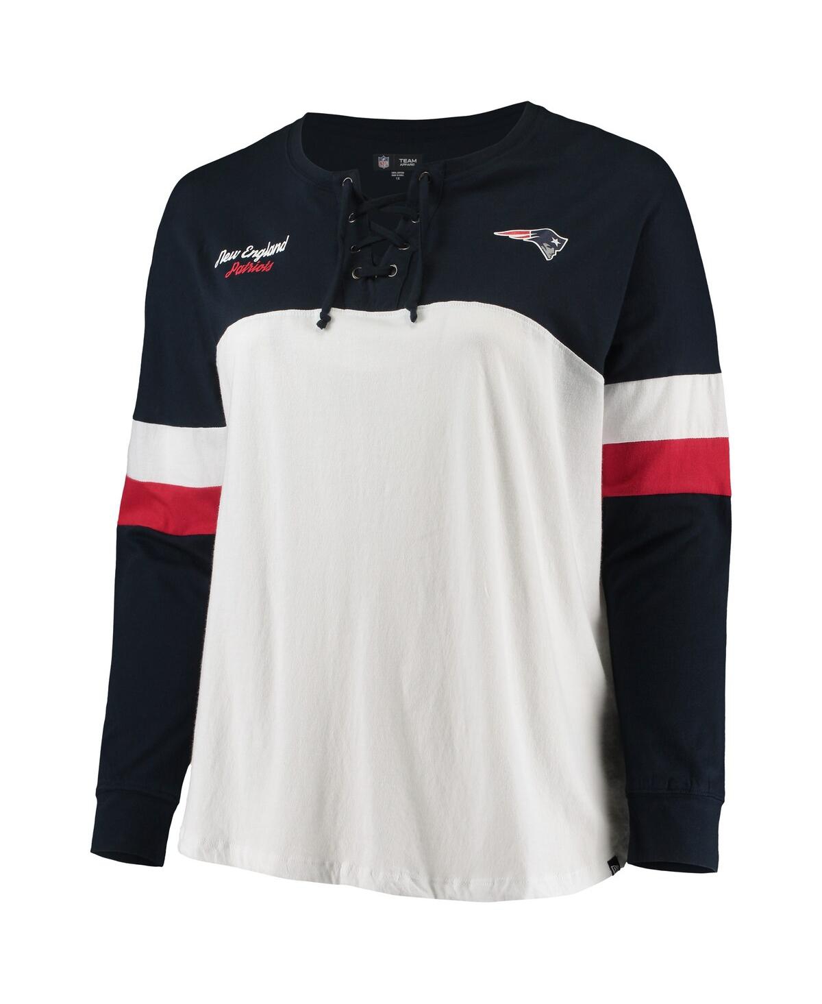 Shop New Era Women's  White, Navy New England Patriots Plus Size Athletic Varsity Lace-up V-neck Long Slee In White,navy