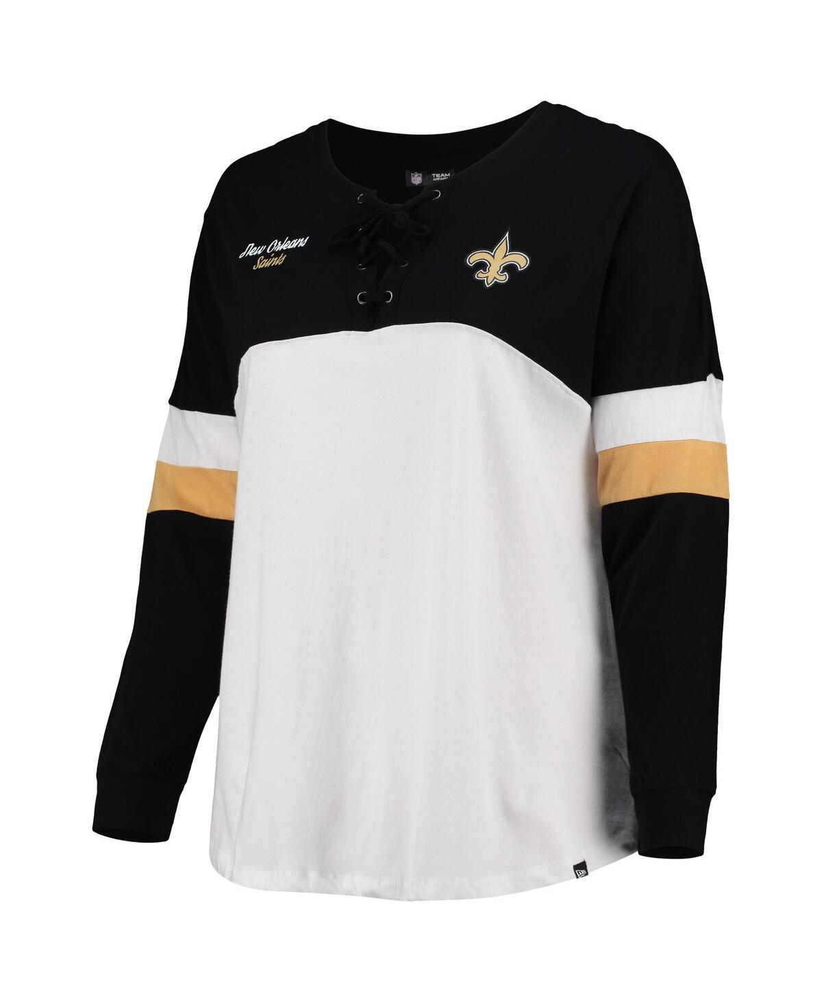 New Era White/black New Orleans Saints Plus Size Athletic Varsity Lace-up  V-neck Long Sleeve T-shirt In White,black