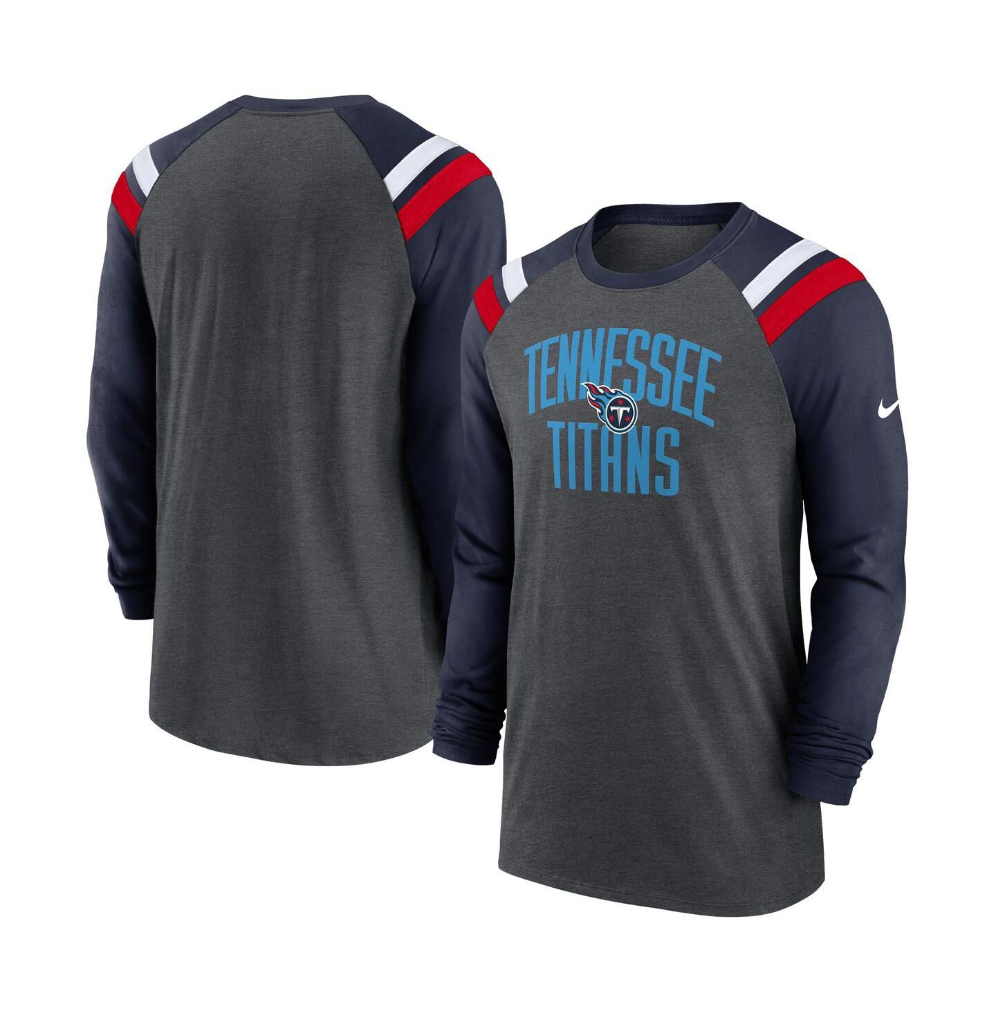 Мужская футболка Nike Heathered Charcoal, Navy Tennessee Titans Tri-Blend Raglan Athletic Long Sleeve Fashion — фото 1