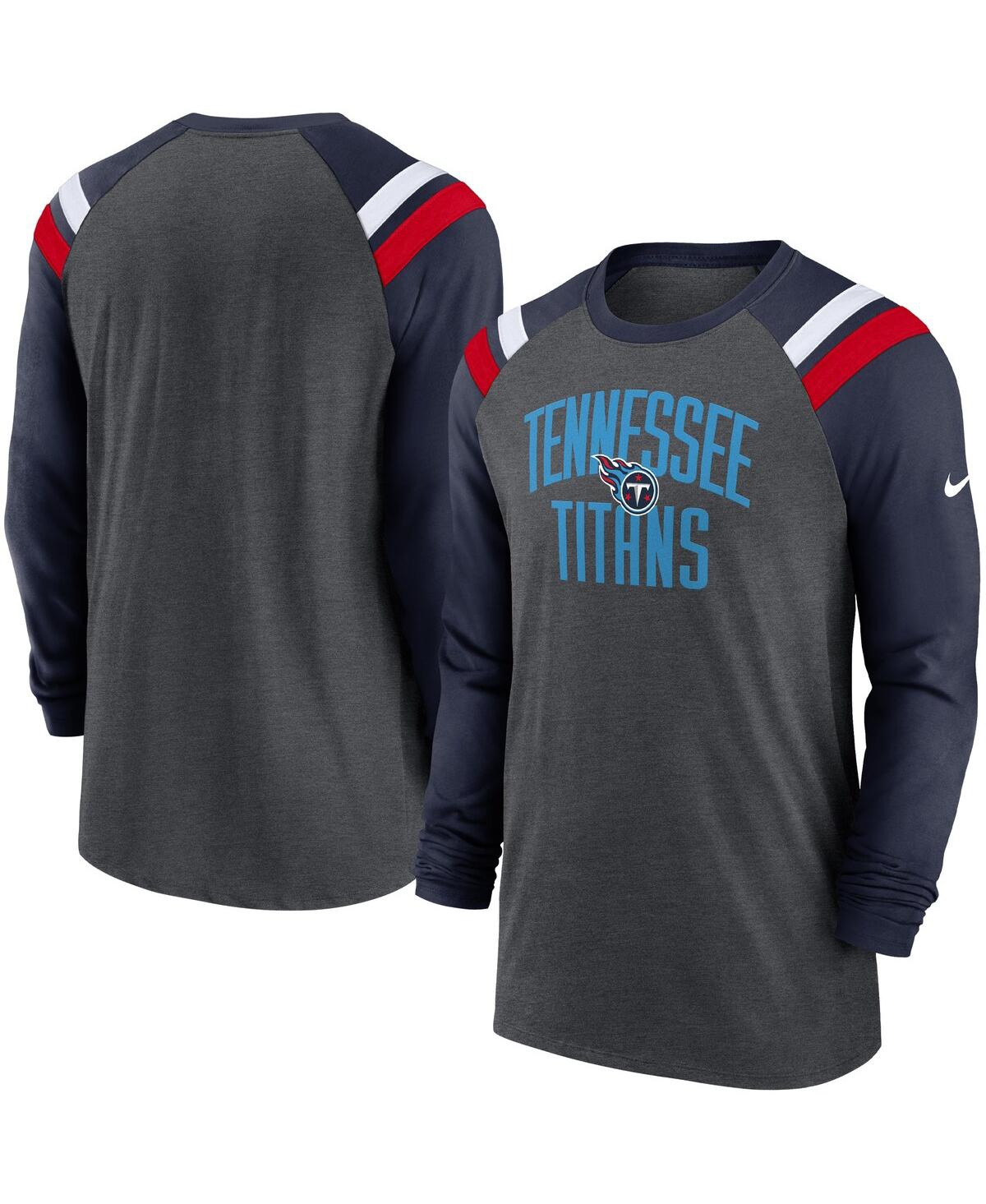 Men's Nike Heathered Charcoal, Navy Tennessee Titans Tri-Blend Raglan Athletic Long Sleeve Fashion T-shirt