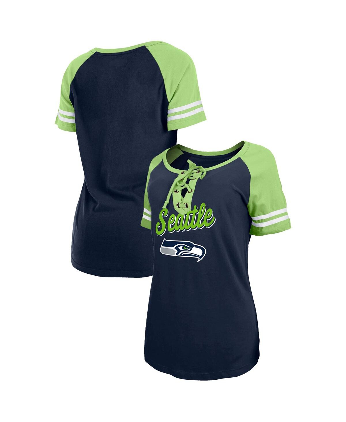 NEW ERA WOMEN'S NEW ERA COLLEGE NAVY, NEON GREEN SEATTLE SEAHAWKS LOGO LACE-UP RAGLAN T-SHIRT 
