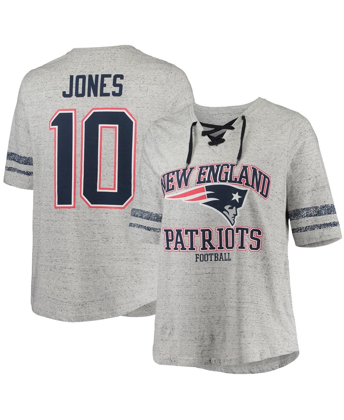 Women's Mac Jones Heathered Gray New England Patriots Plus Size Lace-Up V-Neck T-shirt - Heathered Gray