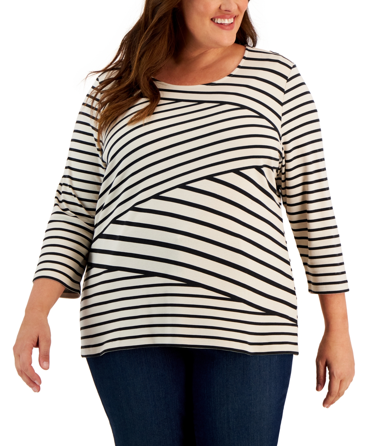 Plus Size 3/4-Sleeve Striped Top, Created for Macy's - Pebble