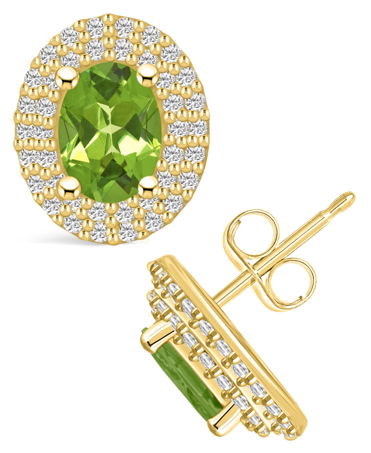 Macy's Peridot (1-3/4 Ct. T.w.) And Diamond (1/2 Ct. T.w.) Halo Stud Earrings In 14k Yellow Gold In Green
