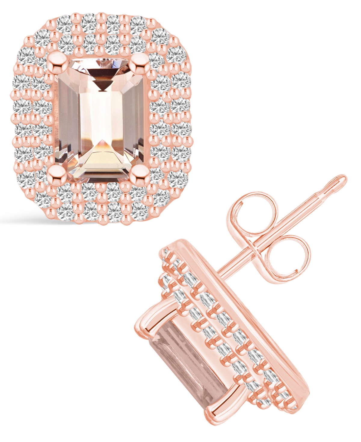 Macy's Morganite (1-3/4 Ct. T.w.) And Diamond (3/4 Ct. T.w.) Halo Stud Earrings In 14k Rose Gold In Pink