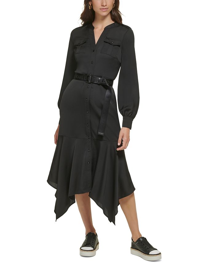 Karl Lagerfeld Paris Women's Logo-Belt Handkerchief-Hem Midi Dress - Macy's