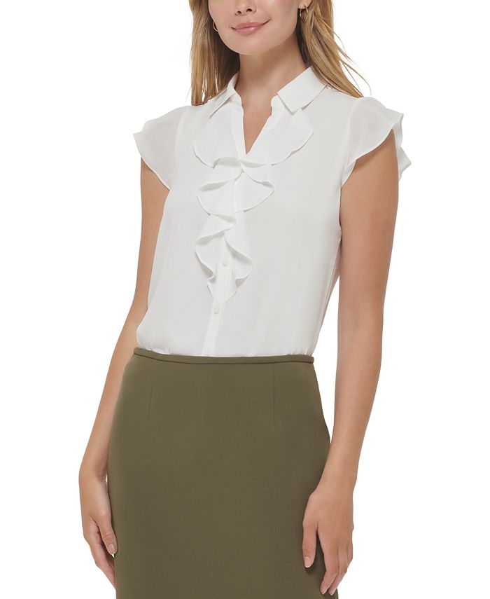 Calvin Klein Petite Cap Sleeve Ruffle Front Blouse - Macy's