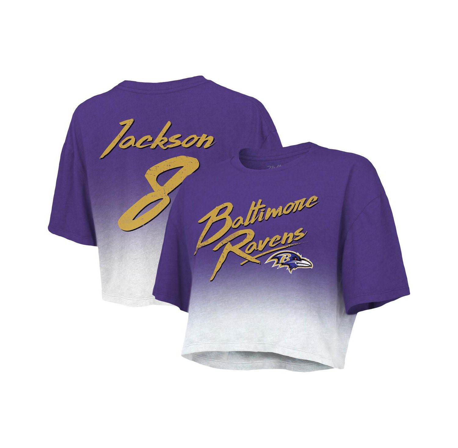 Women's Threads Lamar Jackson Purple, White Baltimore Ravens Drip-Dye Player Name and Number Tri-Blend Crop T-shirt